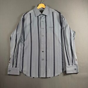 Sean John Striped Button-Up Long Sleeve Shirt Gray Black Size M